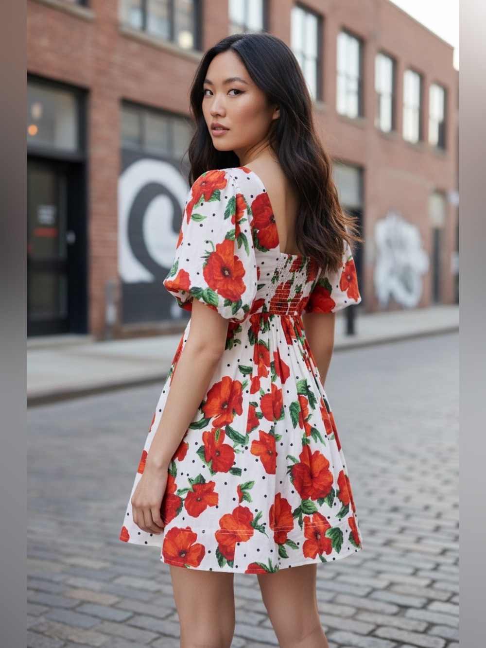 Maeve Anthropologie Square neck Smocked Babydoll Red Poppy mini dress Med-Petite
